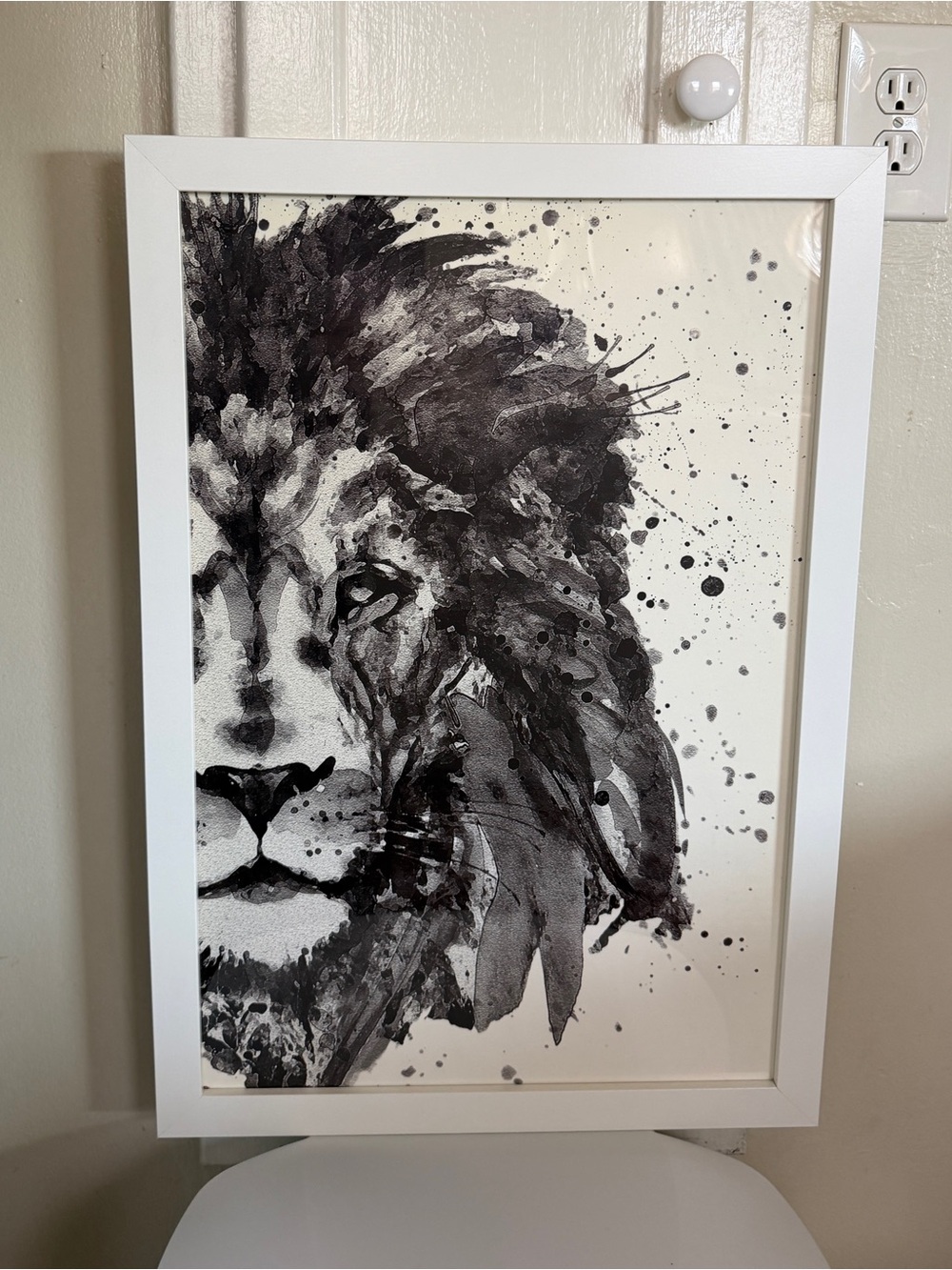 Monochrome Lion Art Print in White Frame - Contemporary Wall Art